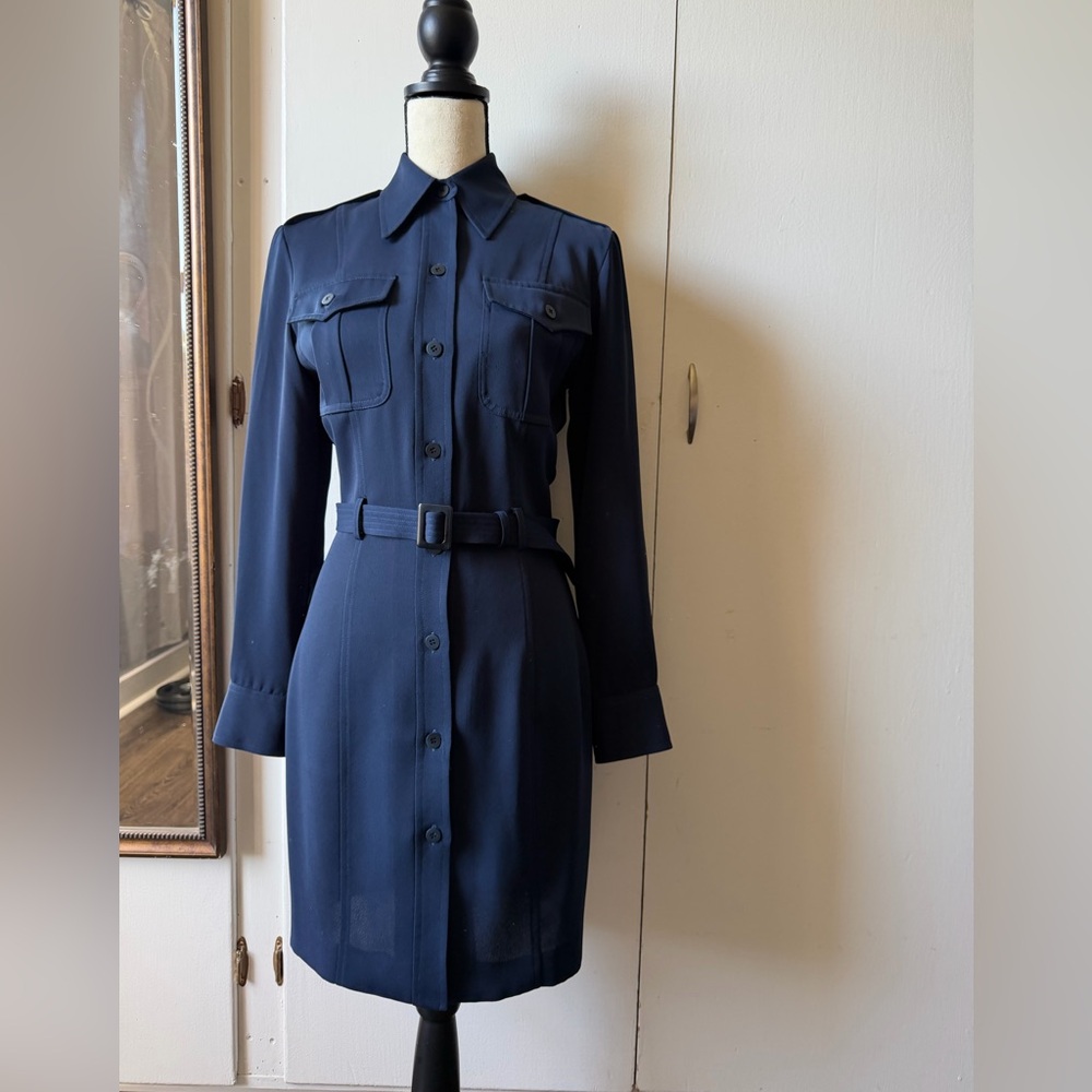 Navy Belted Shirt-Blazer Jacket Dress It highlights your femininity.